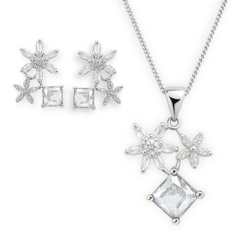 CONJUNTO DE PRATA 925 MODELO FLORES 5 PÉTALAS CRAVEJADAS E ZIRCÔNIA