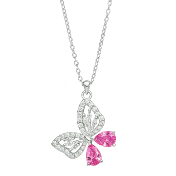 COLAR DE PRATA 925 MODELO BORBOLETA CRAVEJADO COM PEDRA ROSA 