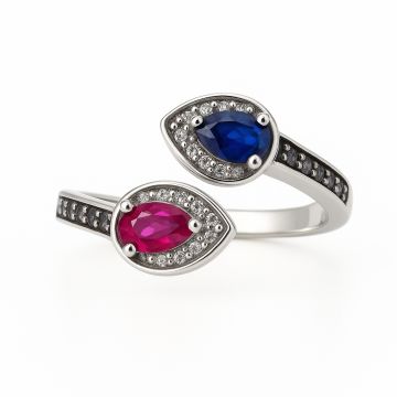ANEL DE PRATA 925 MODELO ABERTO COM ZIRCÔNIAS E PEDRA AZUL E PINK	