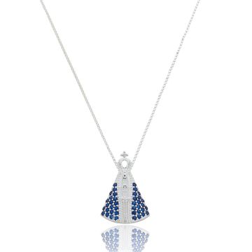 COLAR DE PRATA 925 MODELO NOSSA SENHORA CRAVEJADA MANTO AZUL MEDIA