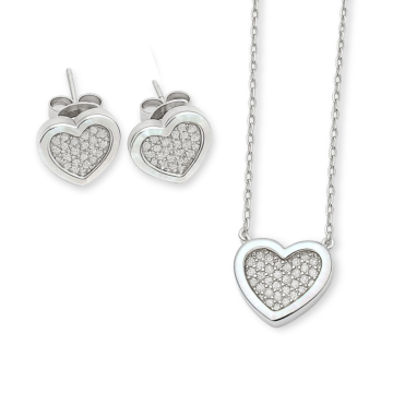 CONJUNTO  DE PRATA 925 MODELO CORAÇÃO MADRE PEROLA CRAVEJADO COM ZIRCONIA