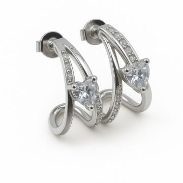 BRINCO DE PRATA 925 MODELO MEIA ARGOLA ABERTA CRAVEJADA COM ZIRCÔNIA CORAÇÃO