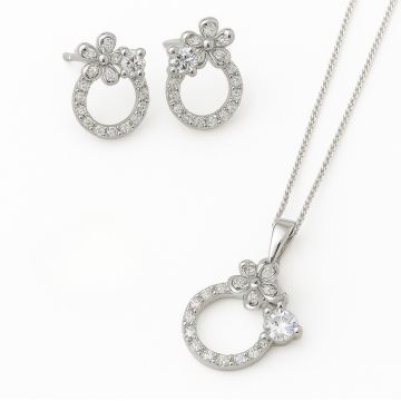 CONJUNTO DE PRATA 925 MODELO CÍRCULO CRAVEJADO COM DETALHE FLOR