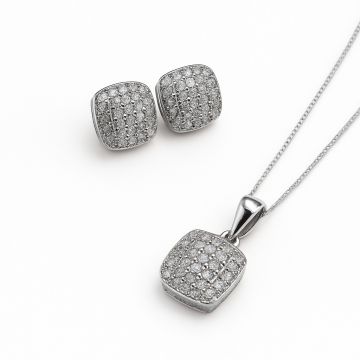 CONJUNTO DE PRATA 925 MODELO QUADRADO CRAVEJADO