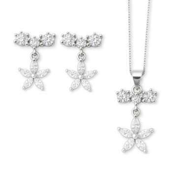 CONJUNTO DE PRATA 925 MODELO FLOR CINCO PÉTALAS COM ZIRCÔNIAS