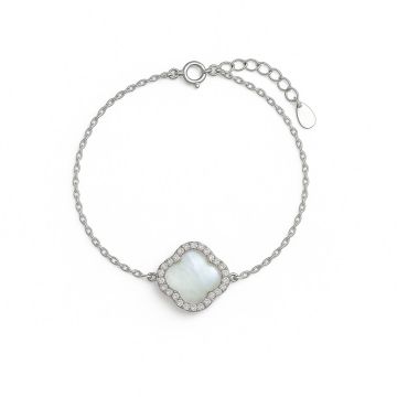 PULSEIRA DE PRATA 925 MODELO TREVO CRAVEJADO COM MADREPÉROLA BRANCA